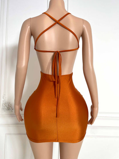 AMOUR ORANGE Crystal Rhinestone Dress