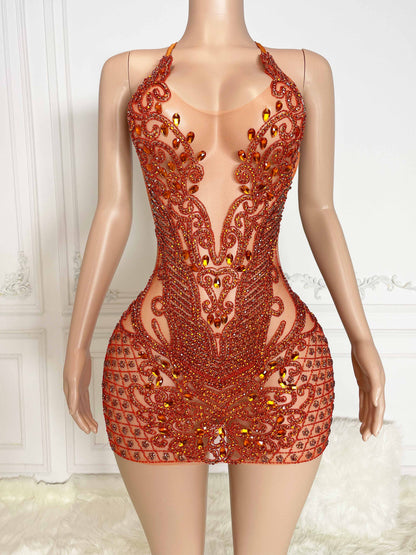 AMOUR ORANGE Crystal Rhinestone Dress