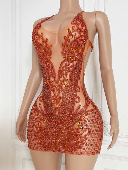 AMOUR ORANGE Crystal Rhinestone Dress