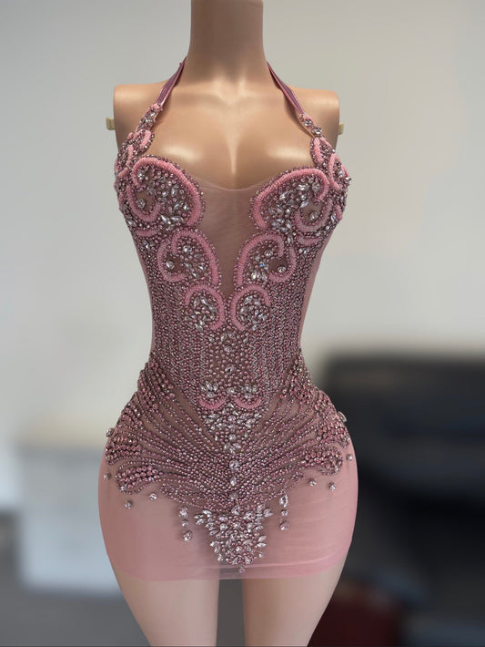 KHARI PINK Crystal Rhinestone Dress