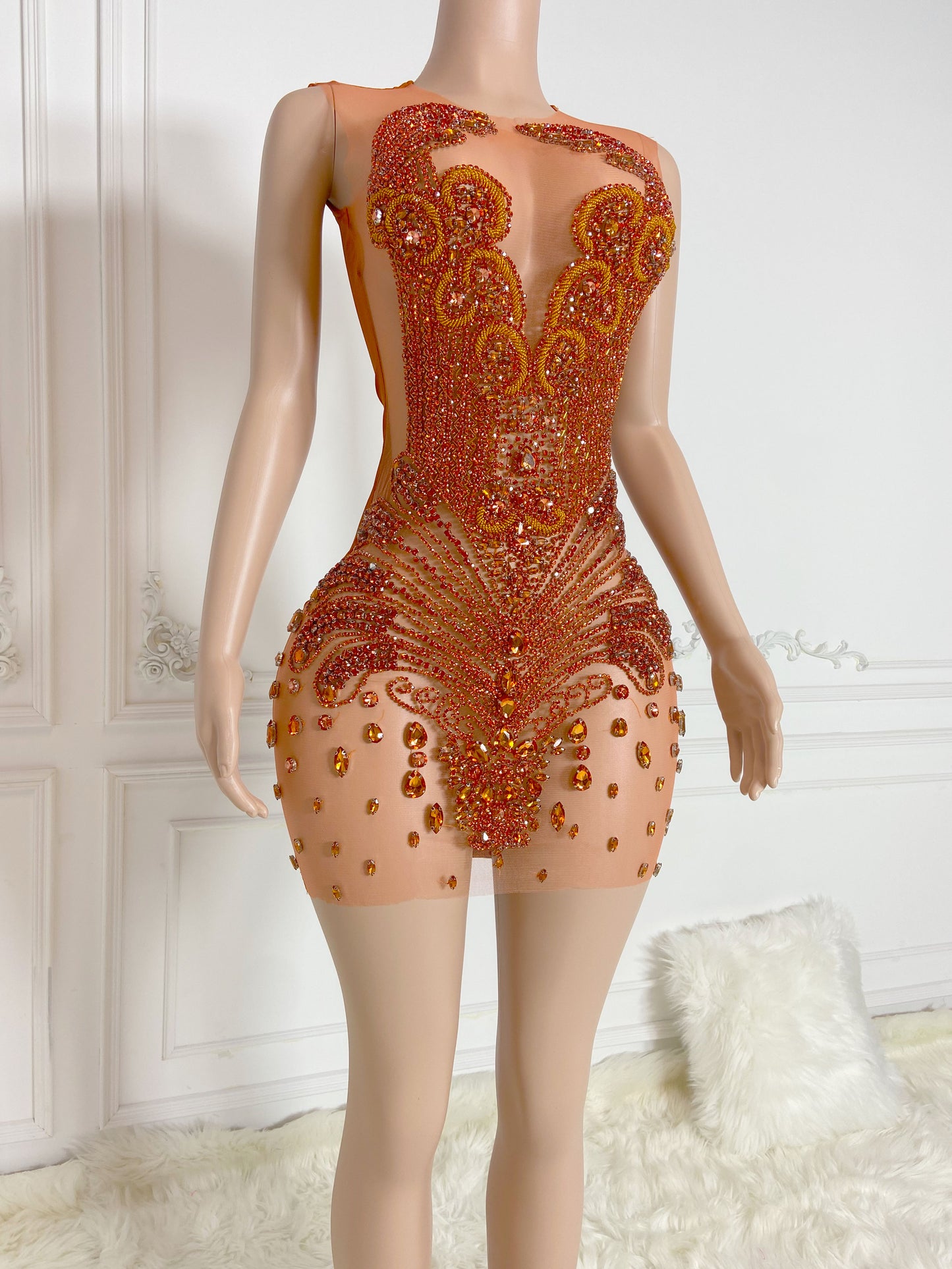 KHALIYAH ORANGE Crystal Rhinestone Dress