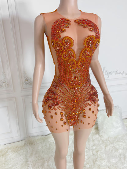 KHALIYAH ORANGE Crystal Rhinestone Dress