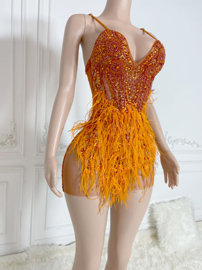 NINA ORANGE Crystal Rhinestone Dress