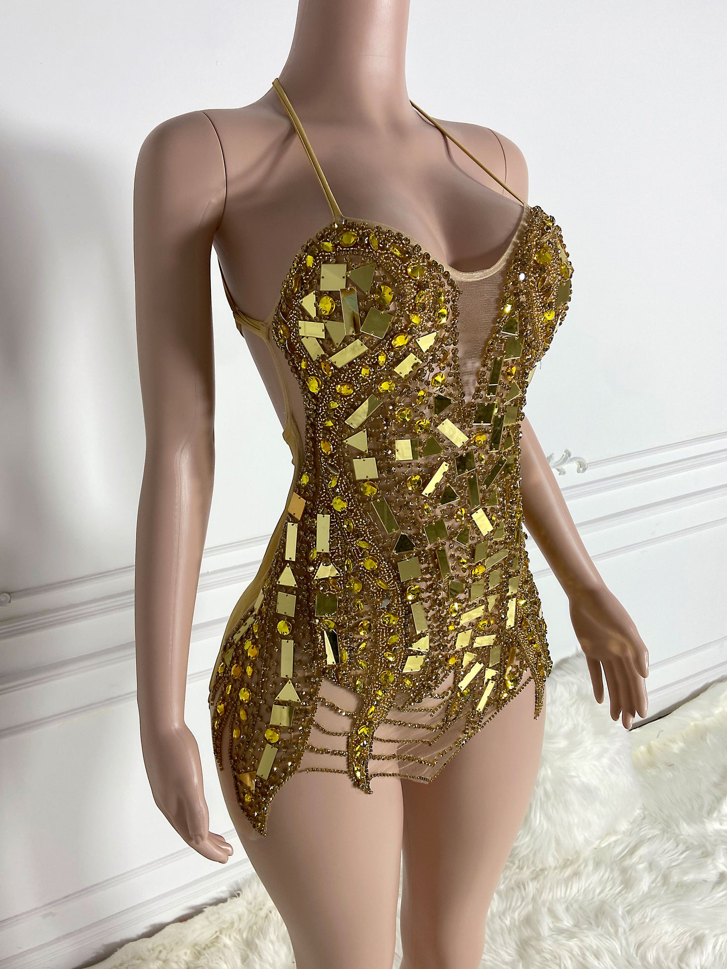 VALENTINA GOLD Crystal Rhinestone Dress