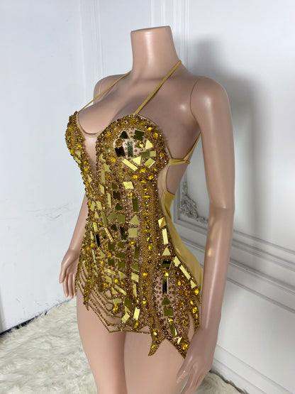 VALENTINA GOLD Crystal Rhinestone Dress